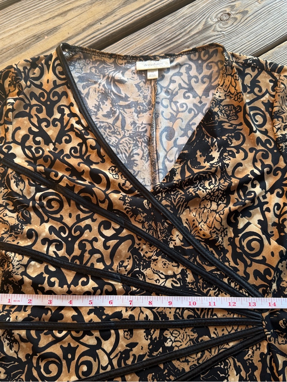 DressBarn Black Tan Baroque Scroll Print Faux Wrap Midi Dress Size 14 - Picture 6 of 9